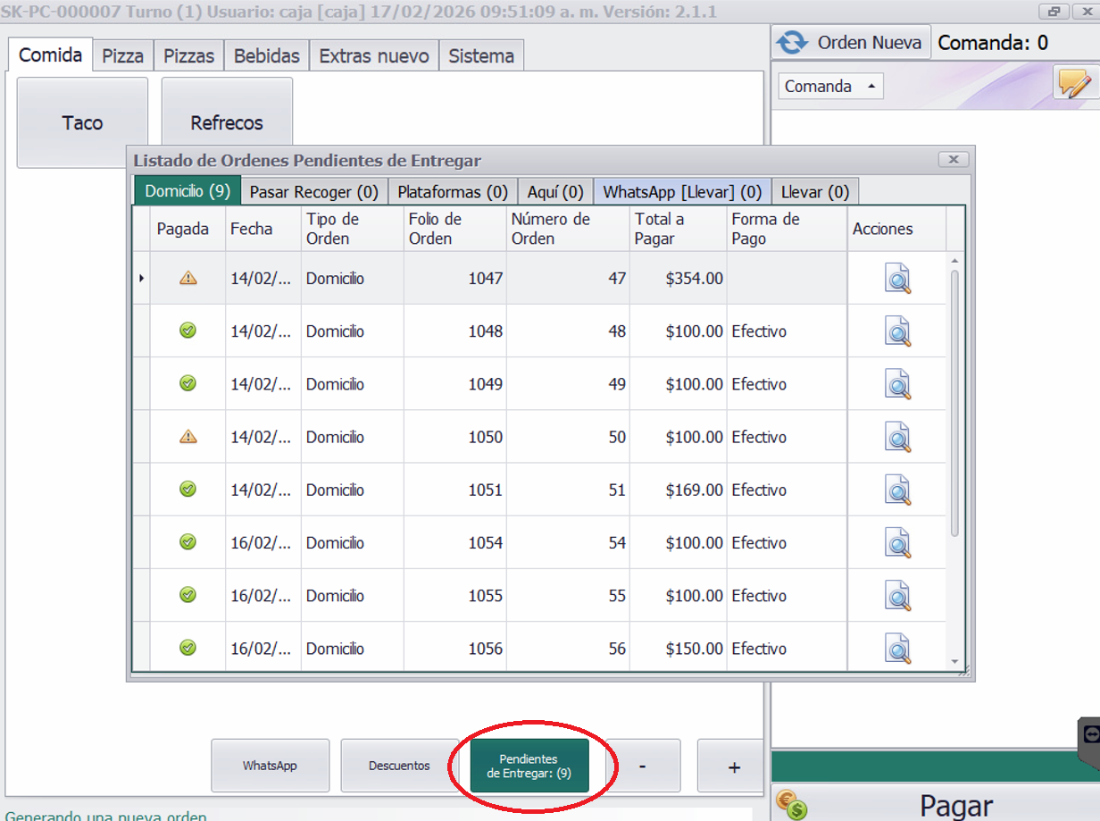 Pantalla de órdenes pendientes
